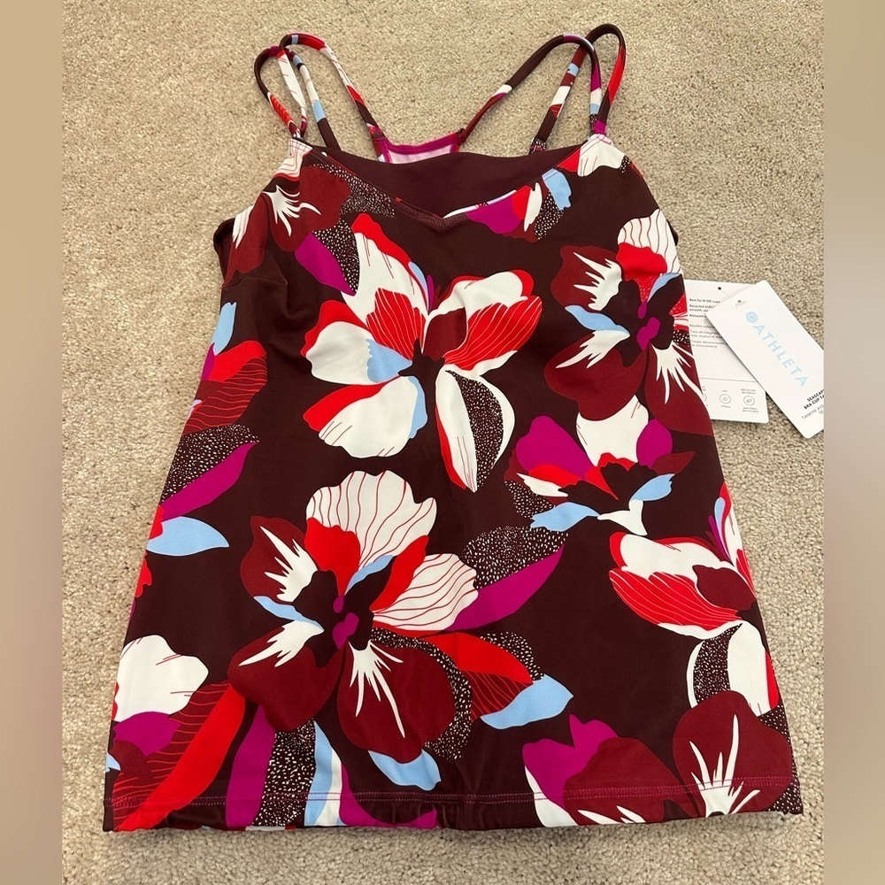 Athleta Square Neck Bra Cup Tankini Women's 34D/DD Maroon Floral NWT